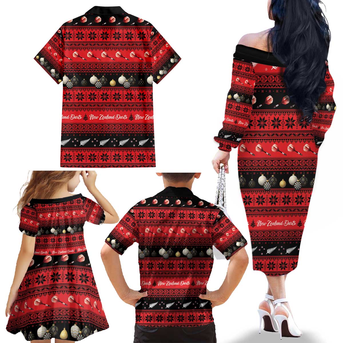 New Zealand Darts Christmas Family Matching Off The Shoulder Long Sleeve Dress and Hawaiian Shirt Merry Xmas Aotearoa Maori Red LT14 - Polynesian Pride