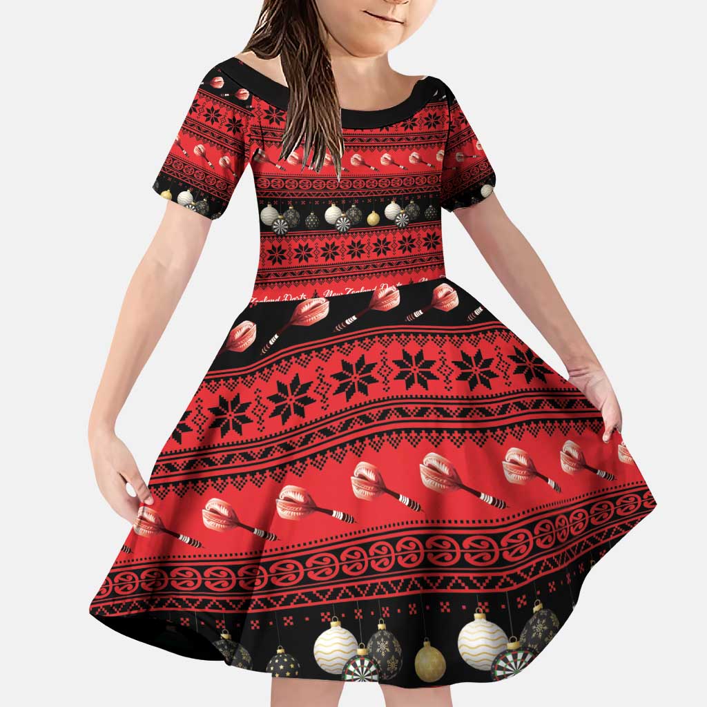 New Zealand Darts Christmas Family Matching Puletasi and Hawaiian Shirt Merry Xmas Aotearoa Maori Red LT14 Daughter's Dress Red - Polynesian Pride