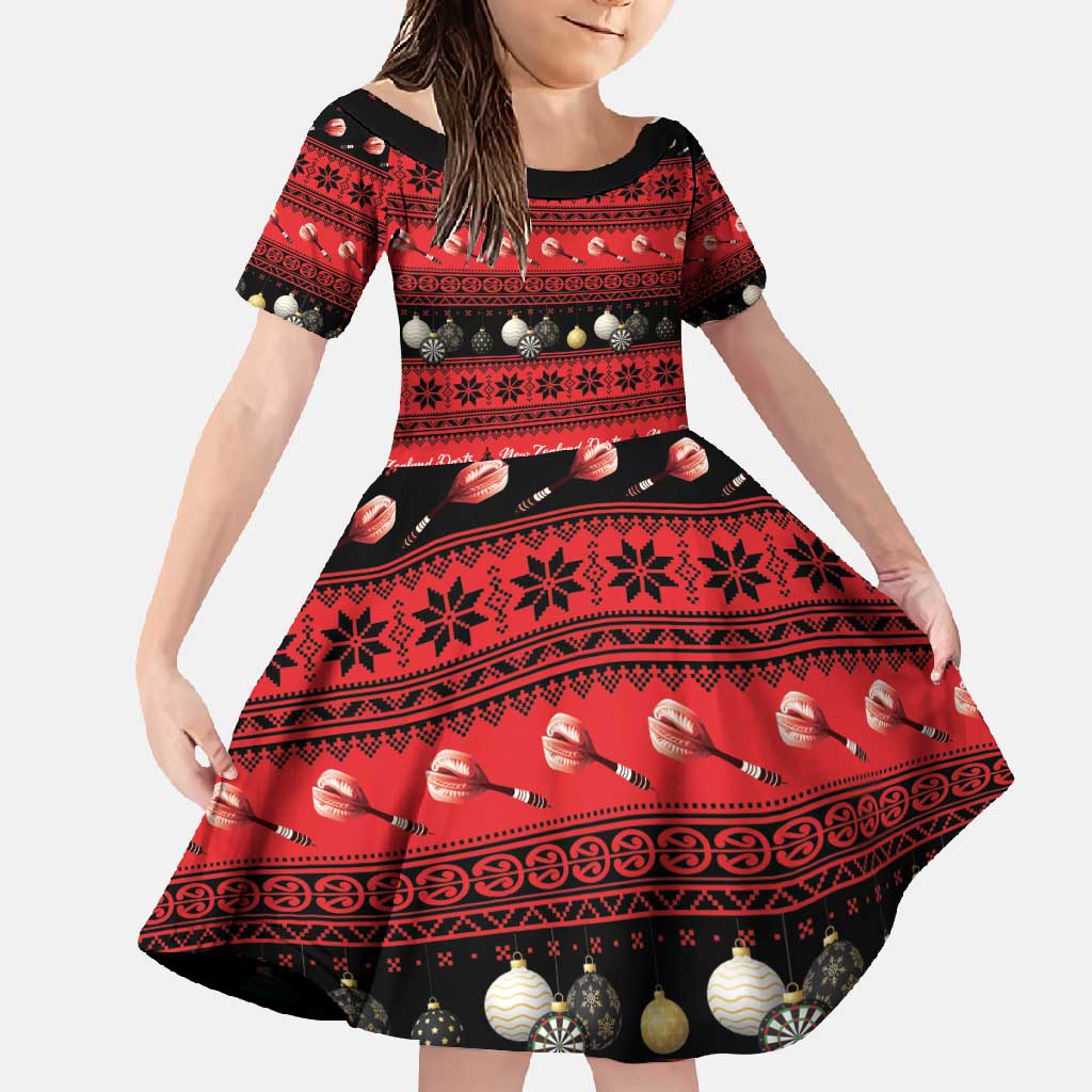 New Zealand Darts Christmas Family Matching Summer Maxi Dress and Hawaiian Shirt Merry Xmas Aotearoa Maori Red LT14 Daughter's Dress Red - Polynesian Pride