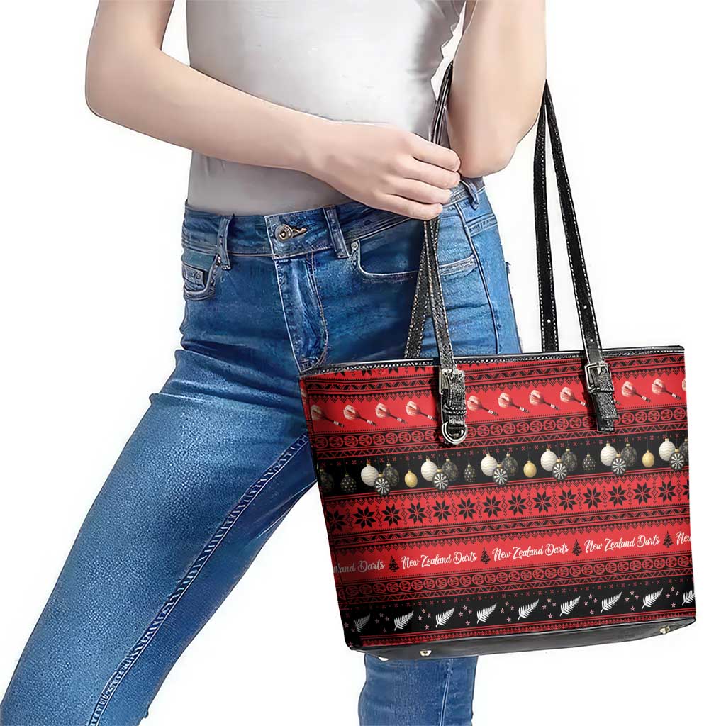 New Zealand Darts Christmas Leather Tote Bag Merry Xmas Aotearoa Maori Red - Polynesian Pride