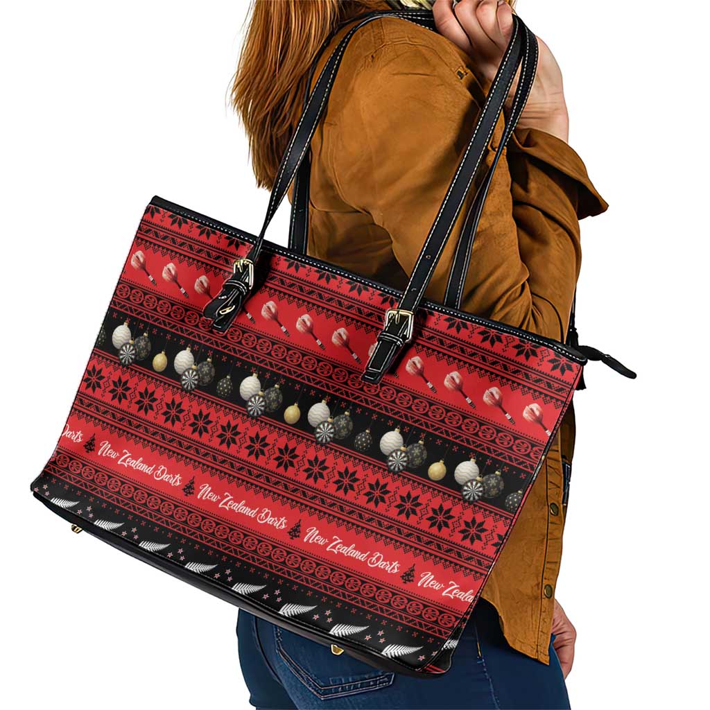 New Zealand Darts Christmas Leather Tote Bag Merry Xmas Aotearoa Maori Red - Polynesian Pride