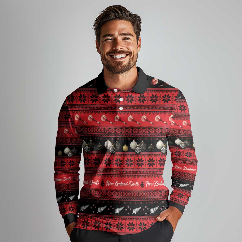 New Zealand Darts Christmas Long Sleeve Polo Shirt Merry Xmas Aotearoa Maori Red - Polynesian Pride