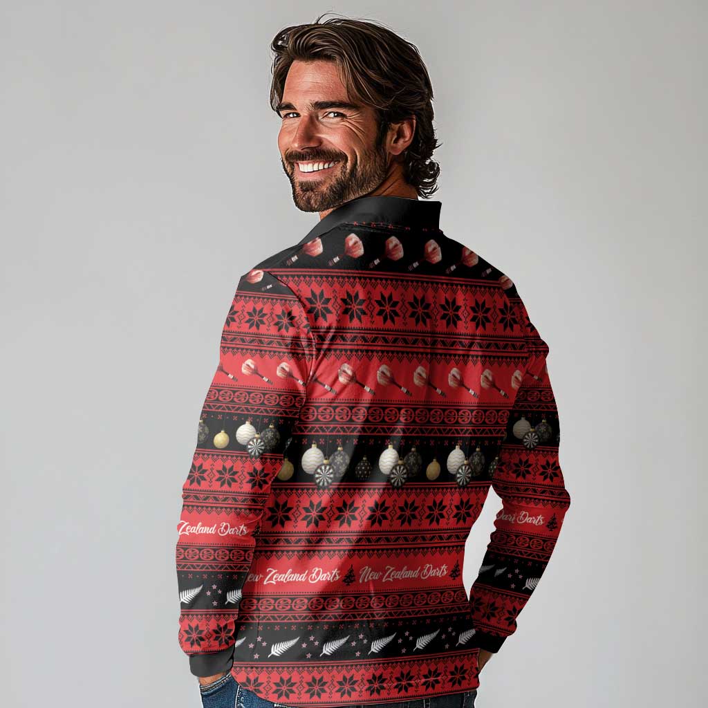 New Zealand Darts Christmas Long Sleeve Polo Shirt Merry Xmas Aotearoa Maori Red - Polynesian Pride