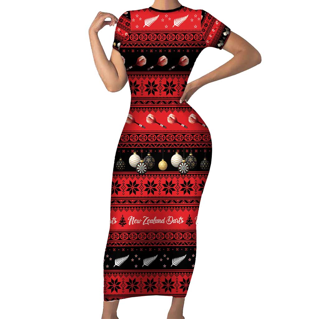 New Zealand Darts Christmas Short Sleeve Bodycon Dress Merry Xmas Aotearoa Maori Red LT14 Long Dress Red - Polynesian Pride