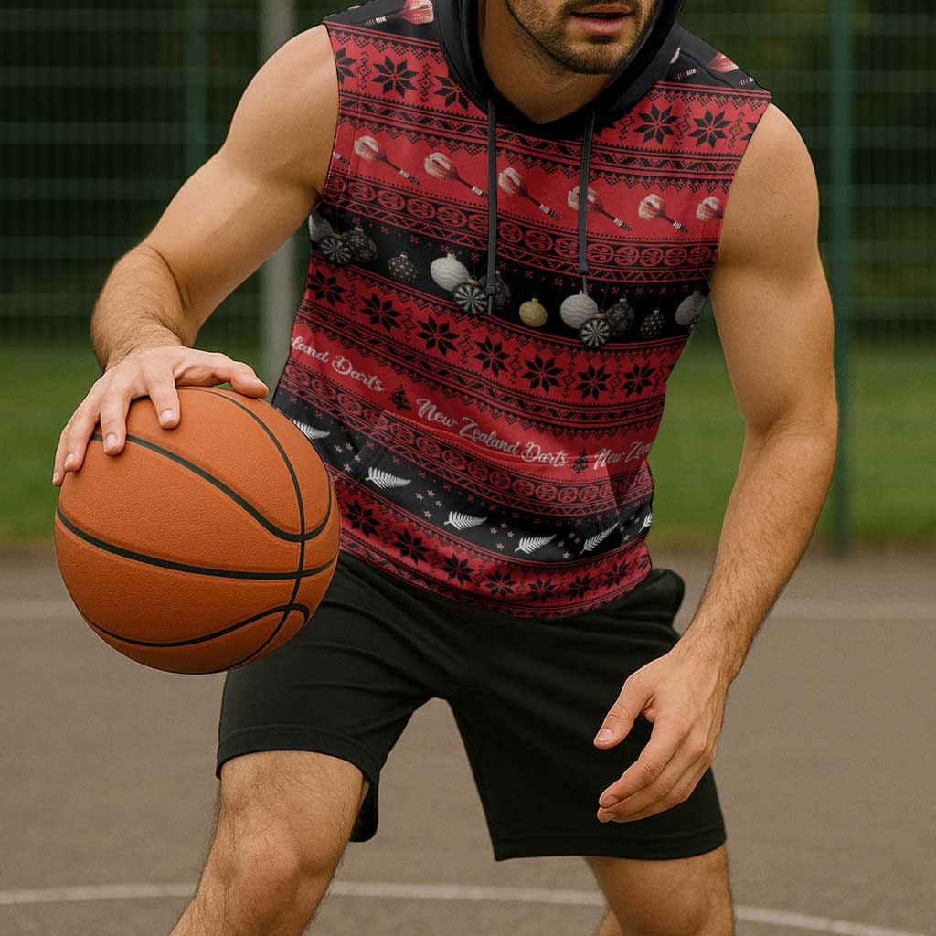 New Zealand Darts Christmas Sleeveless Hoodie Merry Xmas Aotearoa Maori Red - Polynesian Pride