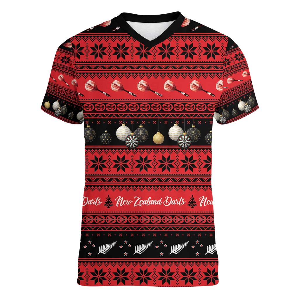 New Zealand Darts Christmas Women V-Neck T-Shirt Merry Xmas Aotearoa Maori Red LT14 Female Red - Polynesian Pride