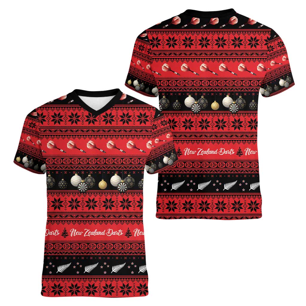 New Zealand Darts Christmas Women V-Neck T-Shirt Merry Xmas Aotearoa Maori Red LT14 - Polynesian Pride