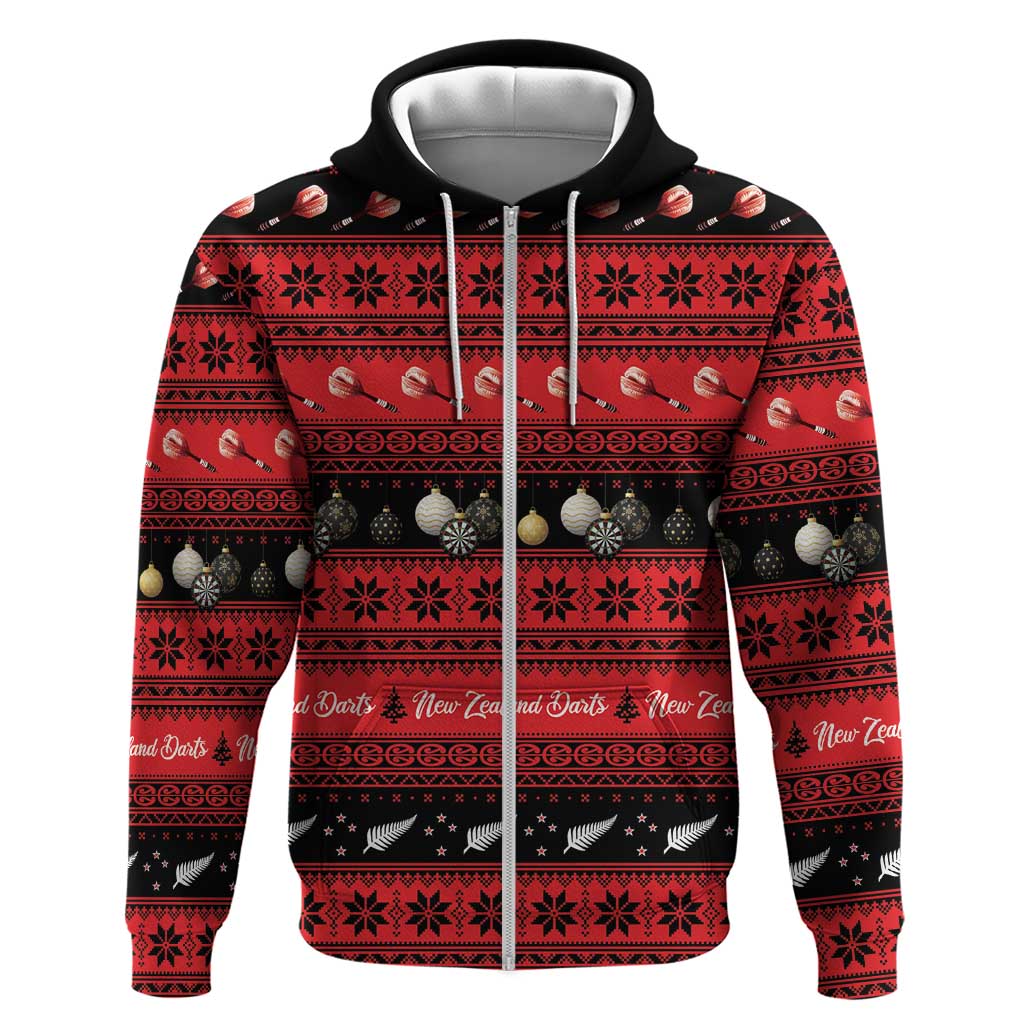 New Zealand Darts Christmas Zip Hoodie Merry Xmas Aotearoa Maori Red - Polynesian Pride