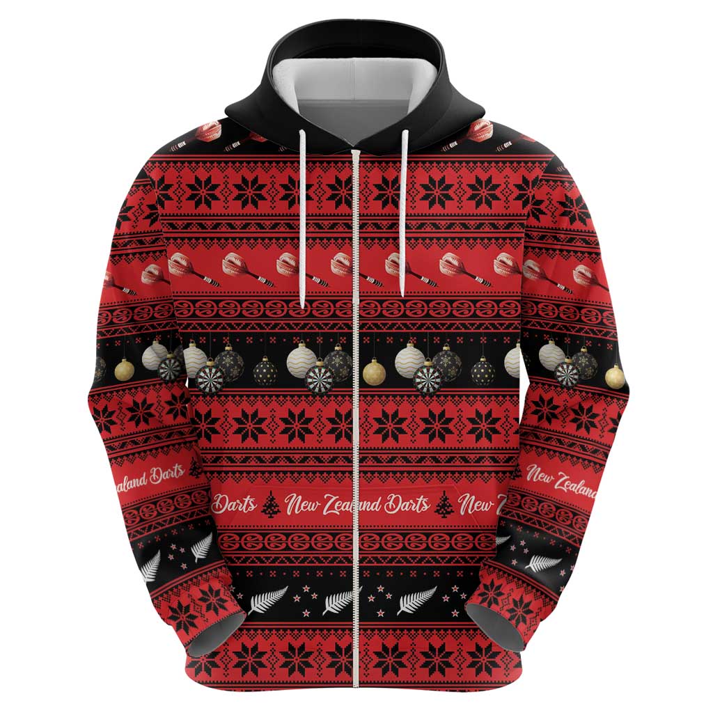New Zealand Darts Christmas Zip Hoodie Merry Xmas Aotearoa Maori Red - Polynesian Pride