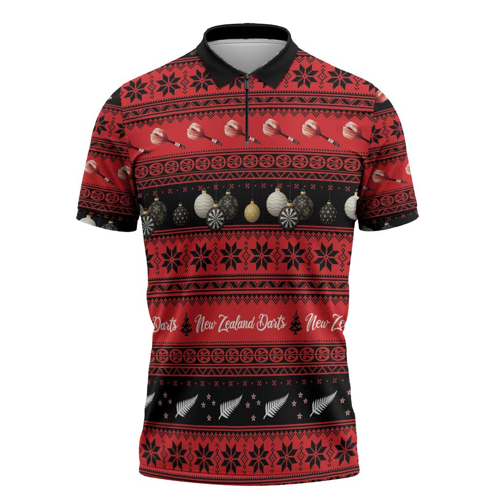 New Zealand Darts Christmas Zipper Polo Shirt Merry Xmas Aotearoa Maori Red LT14 Red - Polynesian Pride