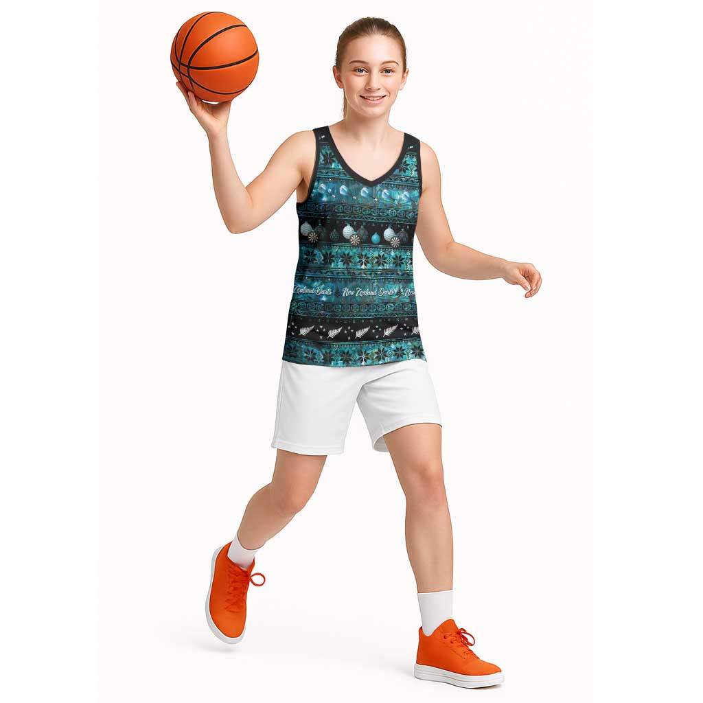 New Zealand Darts Christmas Basketball Jersey Merry Xmas Aotearoa Maori Paua Shell - Polynesian Pride