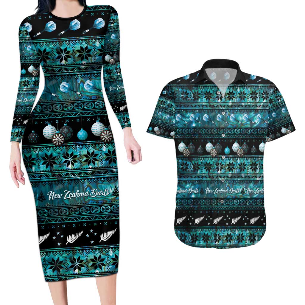 New Zealand Darts Christmas Couples Matching Long Sleeve Bodycon Dress and Hawaiian Shirt Merry Xmas Aotearoa Maori Paua Shell LT14 Cyan - Polynesian Pride