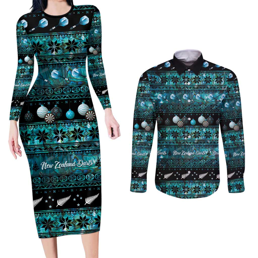New Zealand Darts Christmas Couples Matching Long Sleeve Bodycon Dress and Long Sleeve Button Shirt Merry Xmas Aotearoa Maori Paua Shell LT14 Cyan - Polynesian Pride
