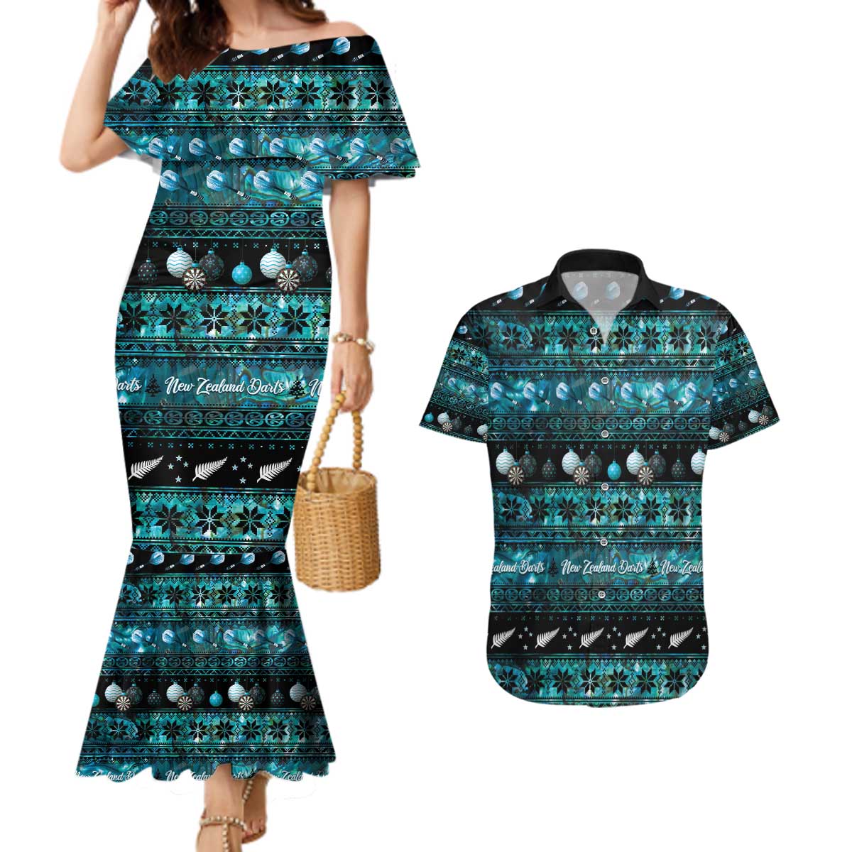 New Zealand Darts Christmas Couples Matching Mermaid Dress and Hawaiian Shirt Merry Xmas Aotearoa Maori Paua Shell LT14 Cyan - Polynesian Pride
