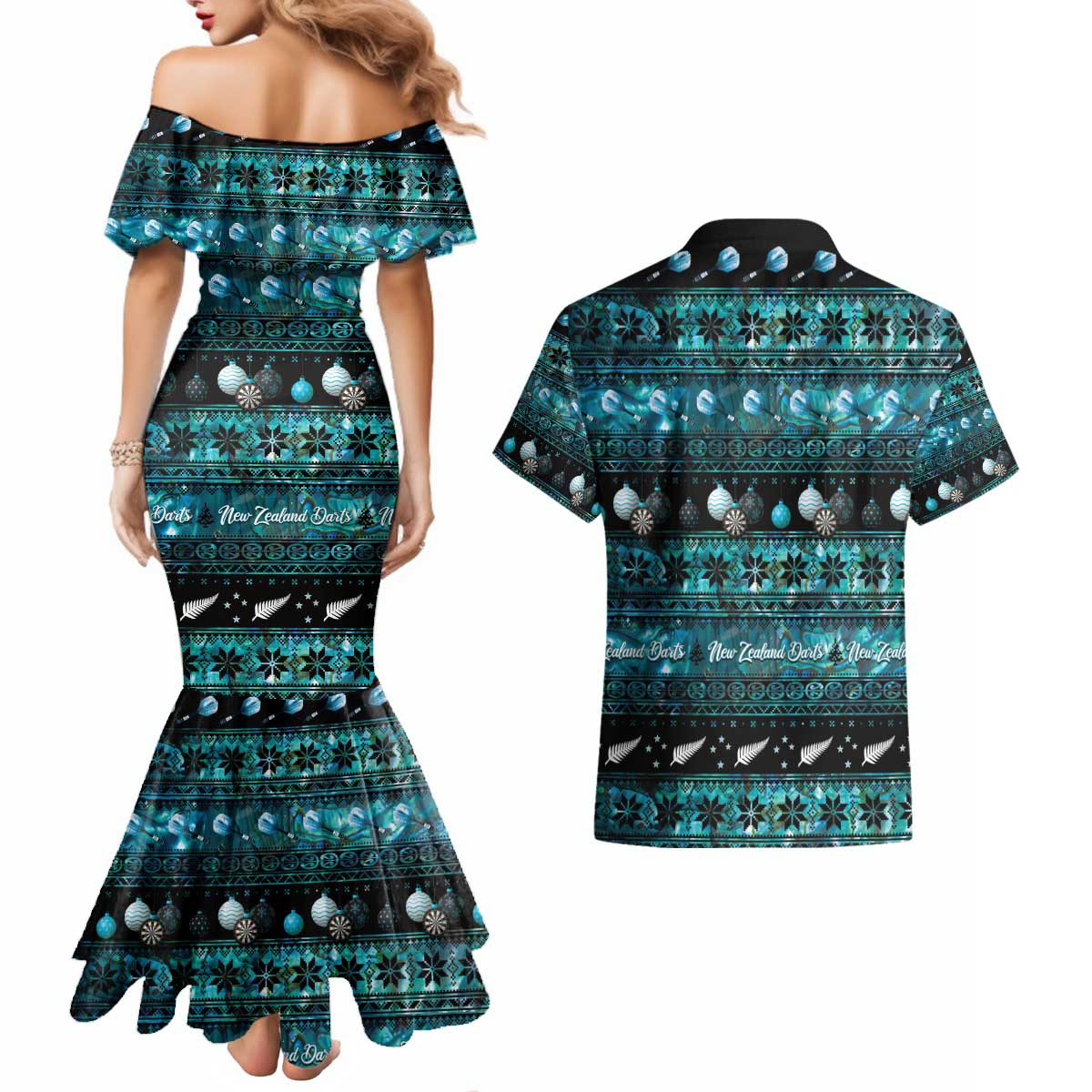 New Zealand Darts Christmas Couples Matching Mermaid Dress and Hawaiian Shirt Merry Xmas Aotearoa Maori Paua Shell LT14 - Polynesian Pride