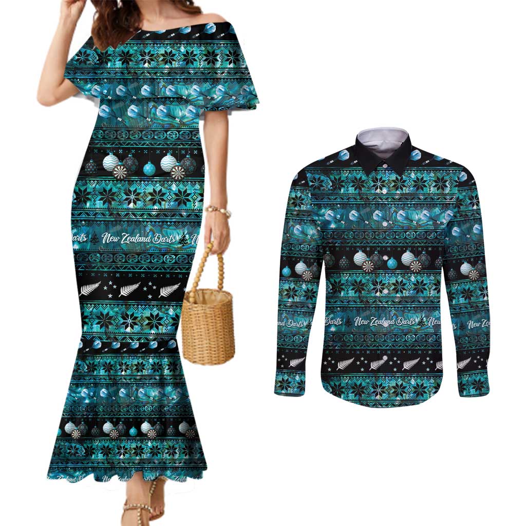 New Zealand Darts Christmas Couples Matching Mermaid Dress and Long Sleeve Button Shirt Merry Xmas Aotearoa Maori Paua Shell LT14 Cyan - Polynesian Pride