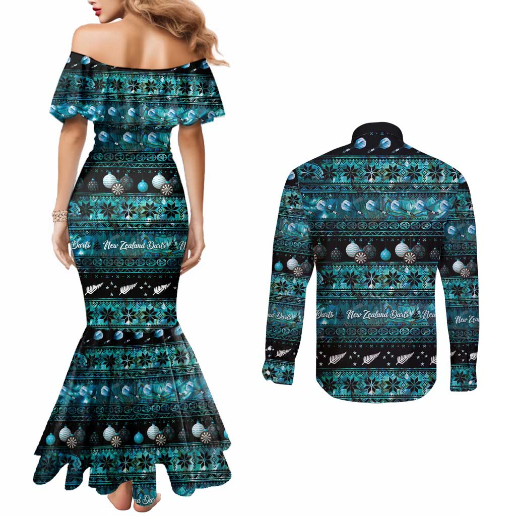 New Zealand Darts Christmas Couples Matching Mermaid Dress and Long Sleeve Button Shirt Merry Xmas Aotearoa Maori Paua Shell LT14 - Polynesian Pride