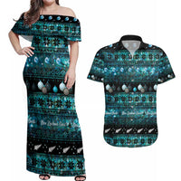 New Zealand Darts Christmas Couples Matching Off Shoulder Maxi Dress and Hawaiian Shirt Merry Xmas Aotearoa Maori Paua Shell LT14 Cyan - Polynesian Pride