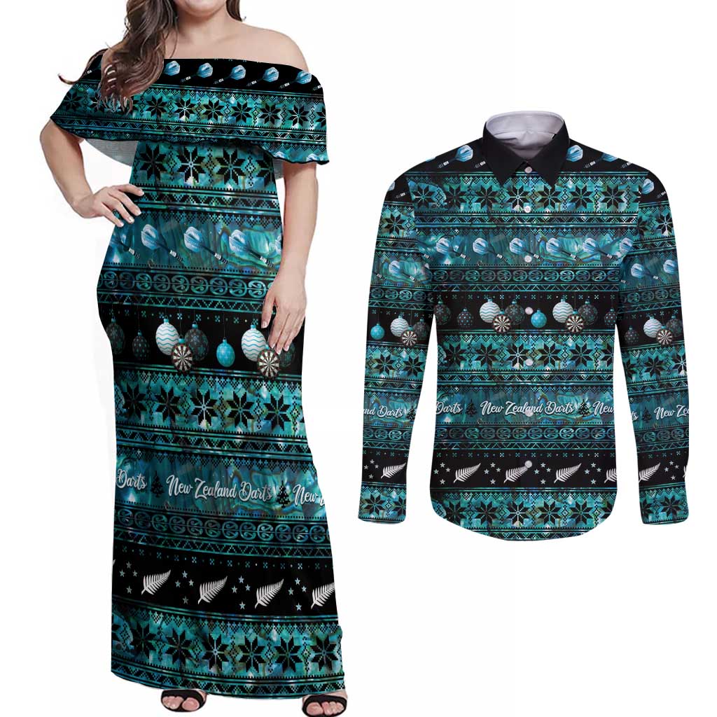New Zealand Darts Christmas Couples Matching Off Shoulder Maxi Dress and Long Sleeve Button Shirt Merry Xmas Aotearoa Maori Paua Shell LT14 Cyan - Polynesian Pride