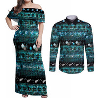 New Zealand Darts Christmas Couples Matching Off Shoulder Maxi Dress and Long Sleeve Button Shirt Merry Xmas Aotearoa Maori Paua Shell LT14 Cyan - Polynesian Pride