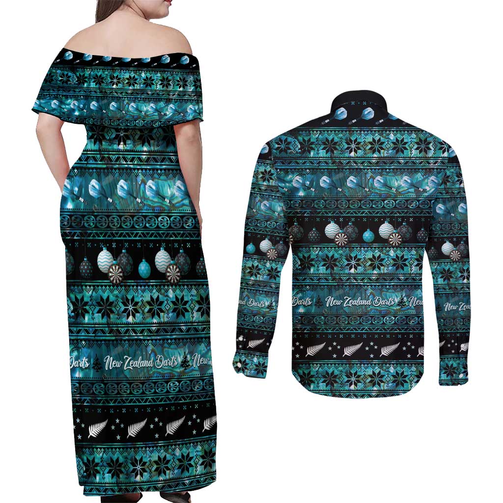 New Zealand Darts Christmas Couples Matching Off Shoulder Maxi Dress and Long Sleeve Button Shirt Merry Xmas Aotearoa Maori Paua Shell LT14 - Polynesian Pride
