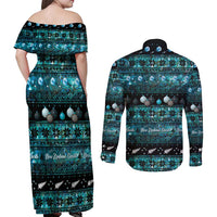 New Zealand Darts Christmas Couples Matching Off Shoulder Maxi Dress and Long Sleeve Button Shirt Merry Xmas Aotearoa Maori Paua Shell LT14 - Polynesian Pride