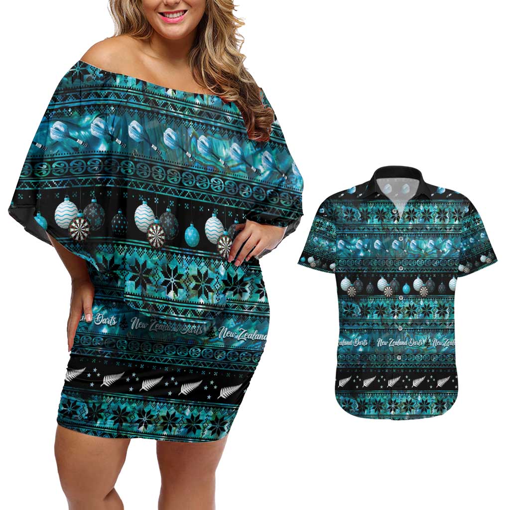 New Zealand Darts Christmas Couples Matching Off Shoulder Short Dress and Hawaiian Shirt Merry Xmas Aotearoa Maori Paua Shell LT14 Cyan - Polynesian Pride