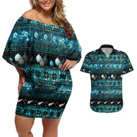 New Zealand Darts Christmas Couples Matching Off Shoulder Short Dress and Hawaiian Shirt Merry Xmas Aotearoa Maori Paua Shell LT14 Cyan - Polynesian Pride