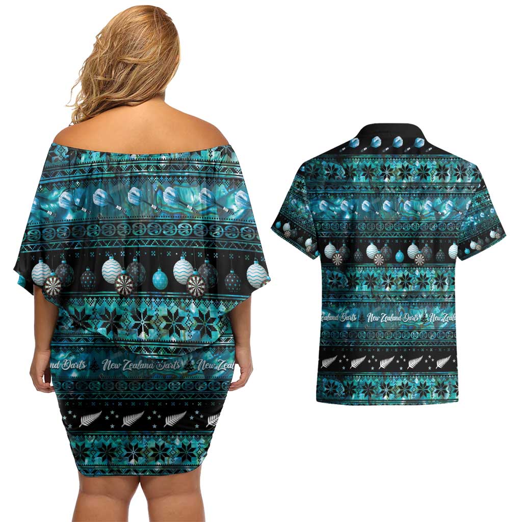New Zealand Darts Christmas Couples Matching Off Shoulder Short Dress and Hawaiian Shirt Merry Xmas Aotearoa Maori Paua Shell LT14 - Polynesian Pride