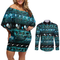 New Zealand Darts Christmas Couples Matching Off Shoulder Short Dress and Long Sleeve Button Shirt Merry Xmas Aotearoa Maori Paua Shell LT14 Cyan - Polynesian Pride