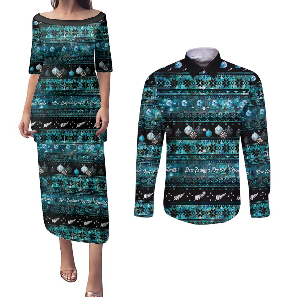New Zealand Darts Christmas Couples Matching Puletasi and Long Sleeve Button Shirt Merry Xmas Aotearoa Maori Paua Shell - Polynesian Pride