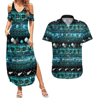 New Zealand Darts Christmas Couples Matching Summer Maxi Dress and Hawaiian Shirt Merry Xmas Aotearoa Maori Paua Shell LT14 Cyan - Polynesian Pride
