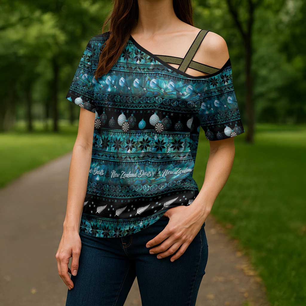 New Zealand Darts Christmas Cross Shoulder Shirt Merry Xmas Aotearoa Maori Paua Shell - Polynesian Pride