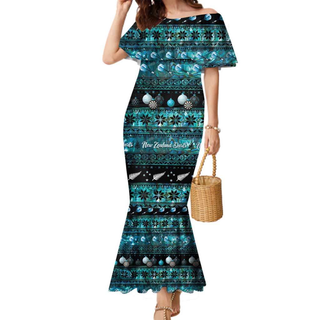 New Zealand Darts Christmas Family Matching Mermaid Dress and Hawaiian Shirt Merry Xmas Aotearoa Maori Paua Shell LT14 Mom's Dress Cyan - Polynesian Pride