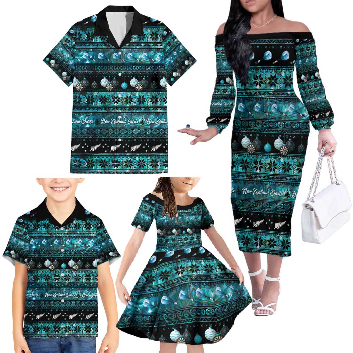 New Zealand Darts Christmas Family Matching Off The Shoulder Long Sleeve Dress and Hawaiian Shirt Merry Xmas Aotearoa Maori Paua Shell LT14 - Polynesian Pride