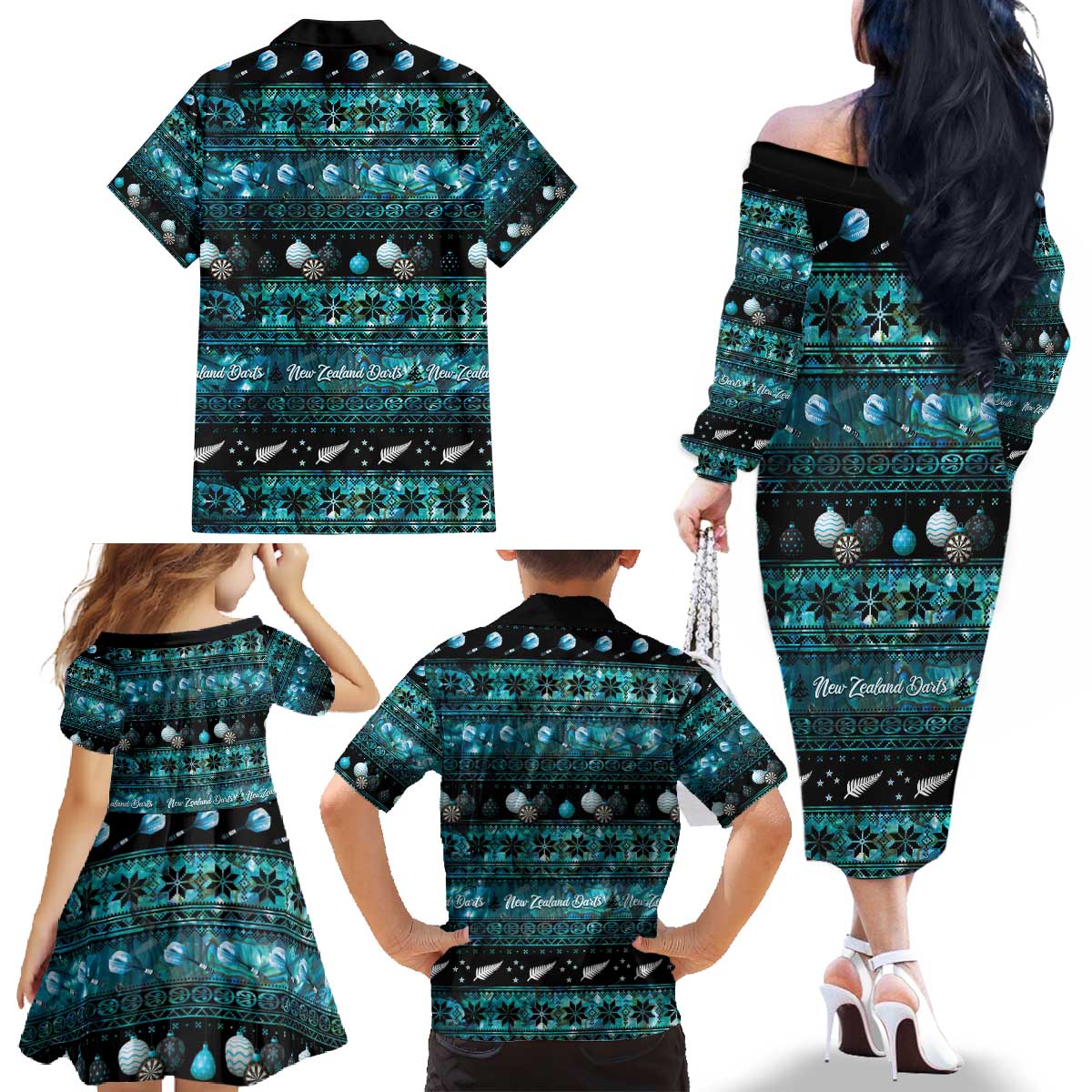 New Zealand Darts Christmas Family Matching Off The Shoulder Long Sleeve Dress and Hawaiian Shirt Merry Xmas Aotearoa Maori Paua Shell LT14 - Polynesian Pride