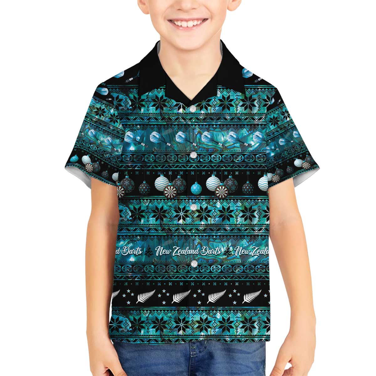 New Zealand Darts Christmas Family Matching Off The Shoulder Long Sleeve Dress and Hawaiian Shirt Merry Xmas Aotearoa Maori Paua Shell LT14 Son's Shirt Cyan - Polynesian Pride