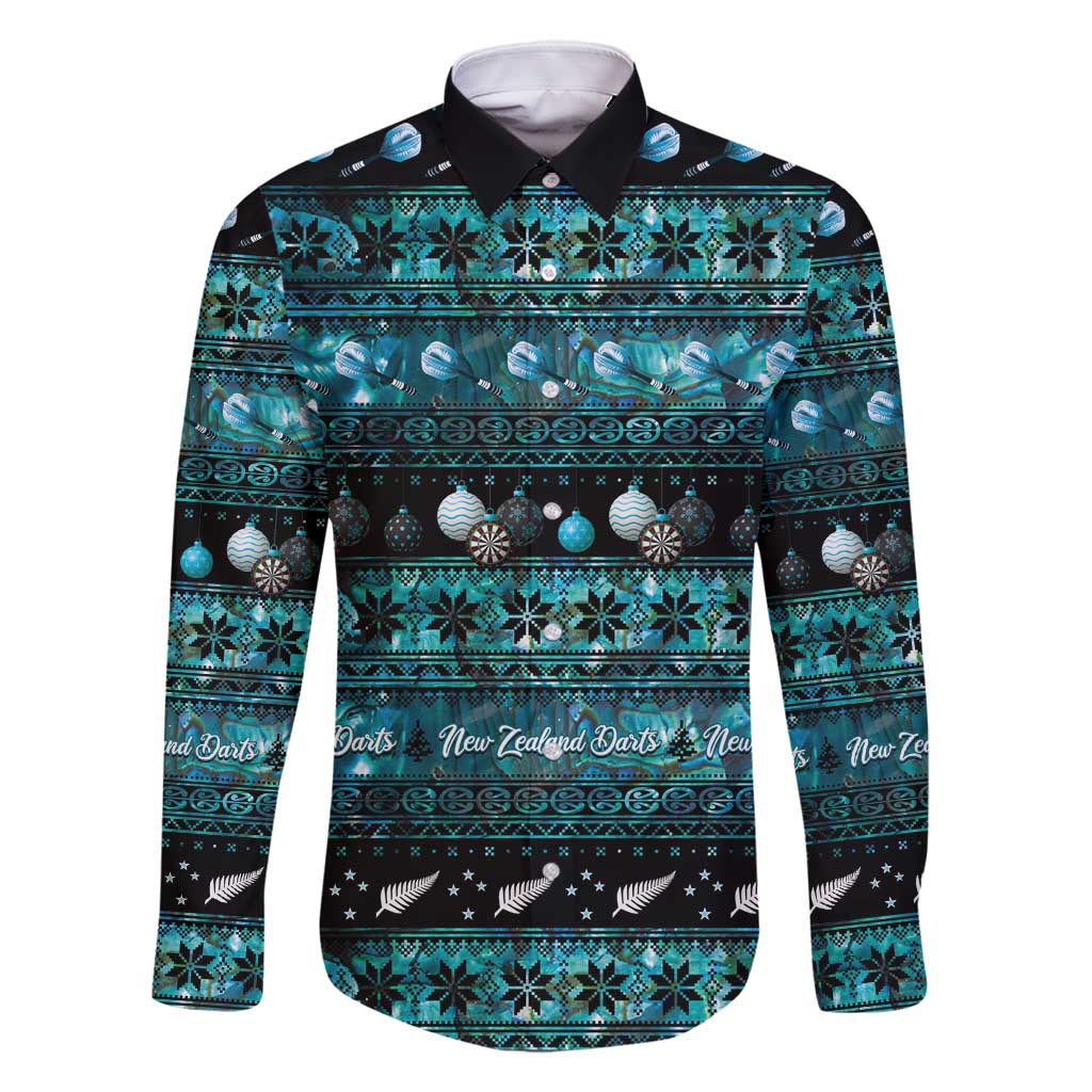 New Zealand Darts Christmas Family Matching Off Shoulder Maxi Dress and Hawaiian Shirt Merry Xmas Aotearoa Maori Paua Shell LT14 Dad's Shirt - Long Sleeve Cyan - Polynesian Pride