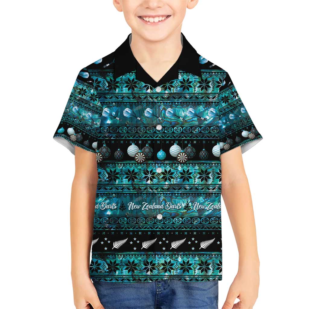 New Zealand Darts Christmas Family Matching Off Shoulder Maxi Dress and Hawaiian Shirt Merry Xmas Aotearoa Maori Paua Shell LT14 Son's Shirt Cyan - Polynesian Pride