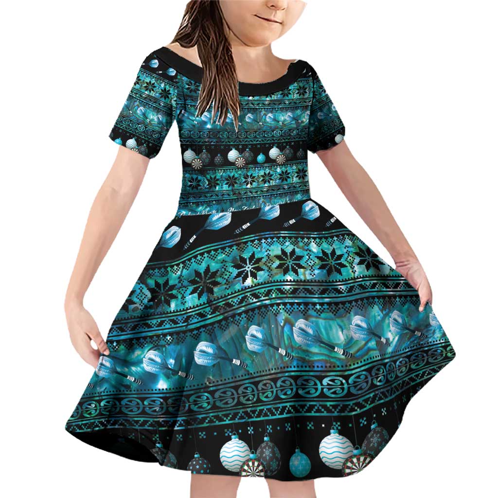 New Zealand Darts Christmas Family Matching Off Shoulder Short Dress and Hawaiian Shirt Merry Xmas Aotearoa Maori Paua Shell LT14 Daughter's Dress Cyan - Polynesian Pride