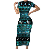 New Zealand Darts Christmas Family Matching Short Sleeve Bodycon Dress and Hawaiian Shirt Merry Xmas Aotearoa Maori Paua Shell LT14 Mom's Dress Cyan - Polynesian Pride