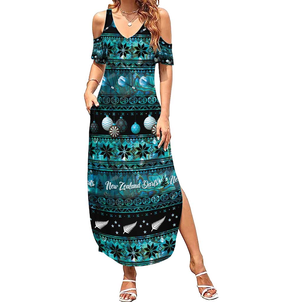 New Zealand Darts Christmas Family Matching Summer Maxi Dress and Hawaiian Shirt Merry Xmas Aotearoa Maori Paua Shell LT14 Mom's Dress Cyan - Polynesian Pride