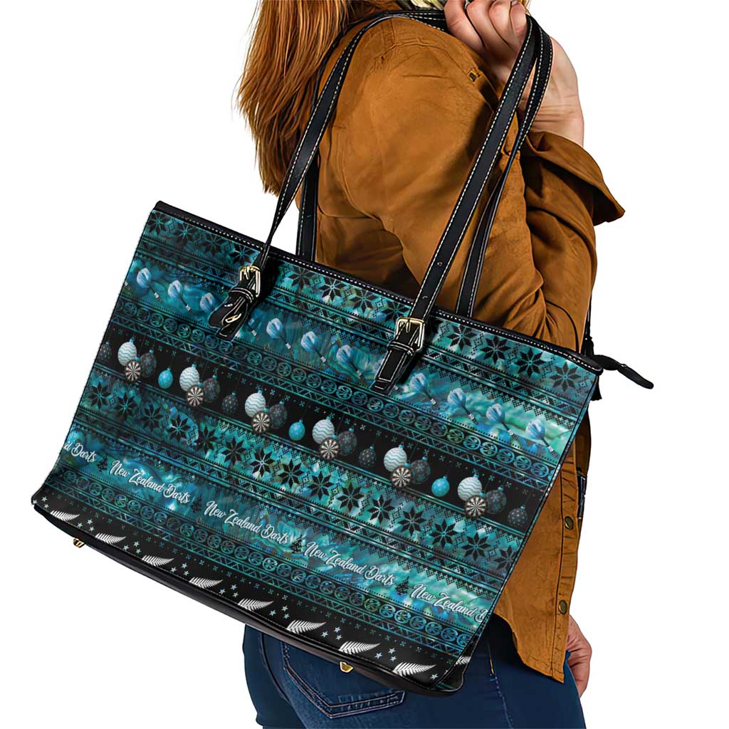 New Zealand Darts Christmas Leather Tote Bag Merry Xmas Aotearoa Maori Paua Shell - Polynesian Pride