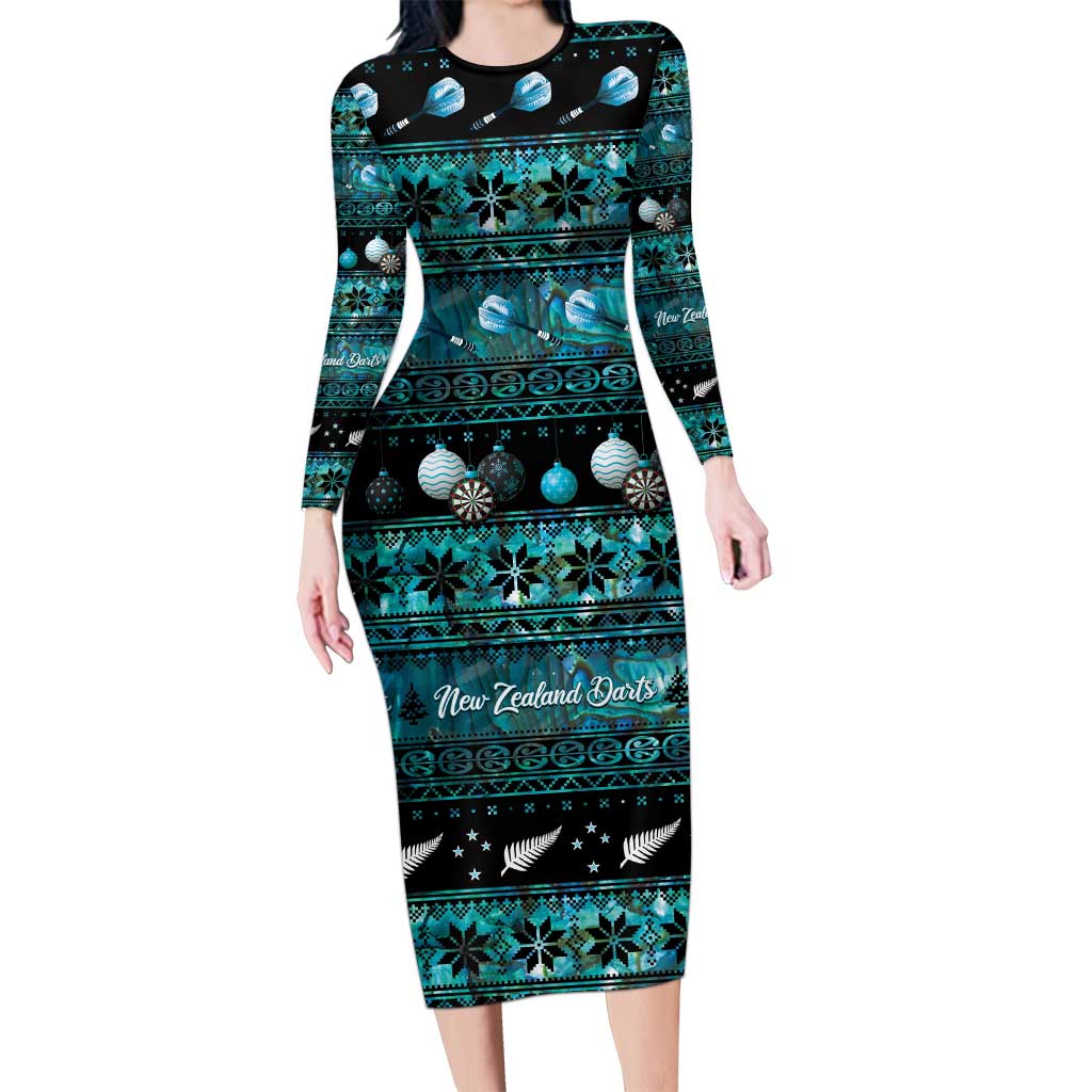 New Zealand Darts Christmas Long Sleeve Bodycon Dress Merry Xmas Aotearoa Maori Paua Shell LT14 Long Dress Cyan - Polynesian Pride