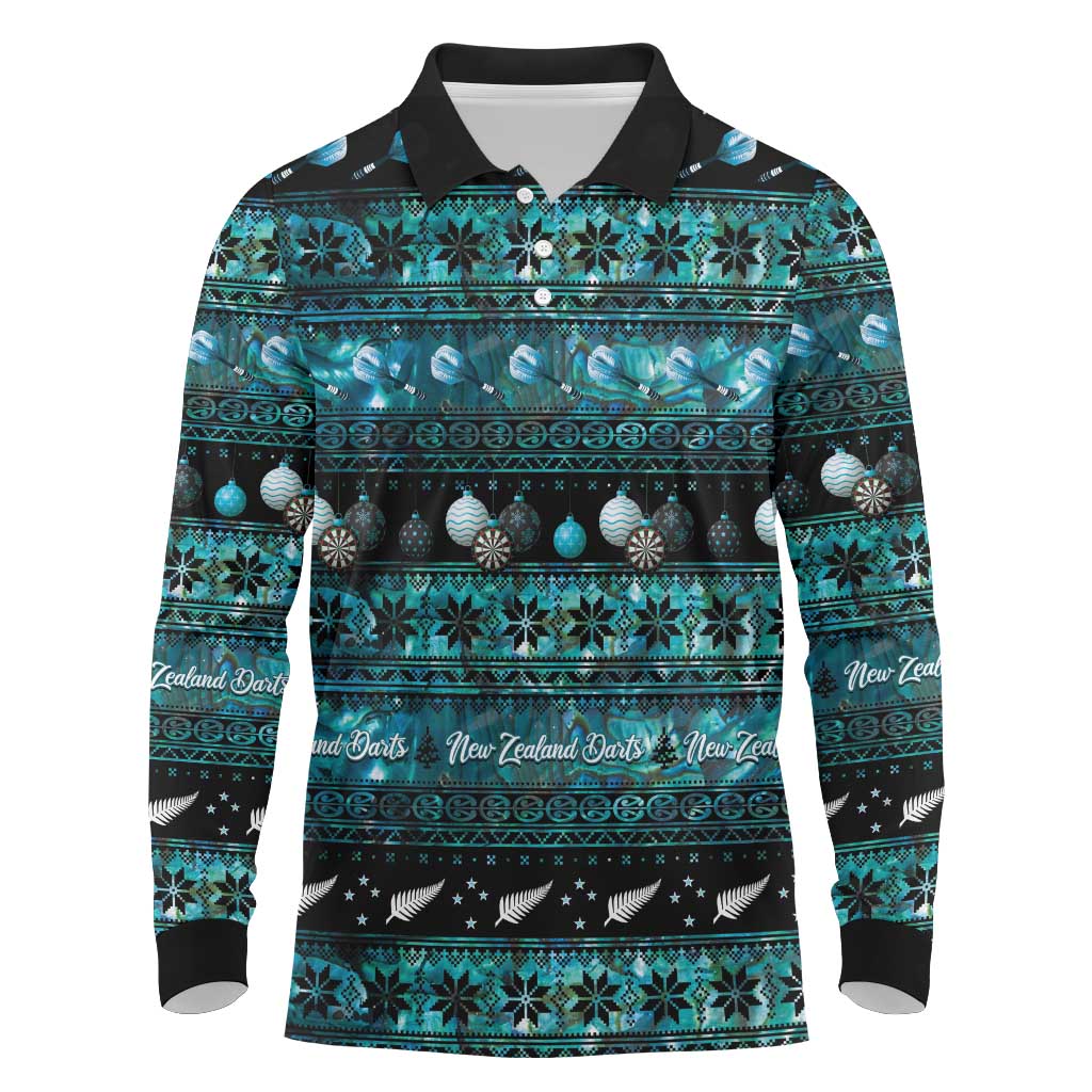 New Zealand Darts Christmas Long Sleeve Polo Shirt Merry Xmas Aotearoa Maori Paua Shell - Polynesian Pride