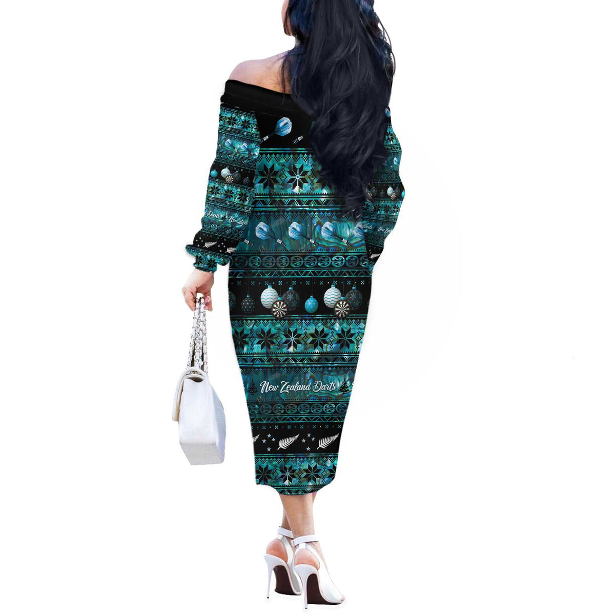 New Zealand Darts Christmas Off The Shoulder Long Sleeve Dress Merry Xmas Aotearoa Maori Paua Shell LT14 - Polynesian Pride