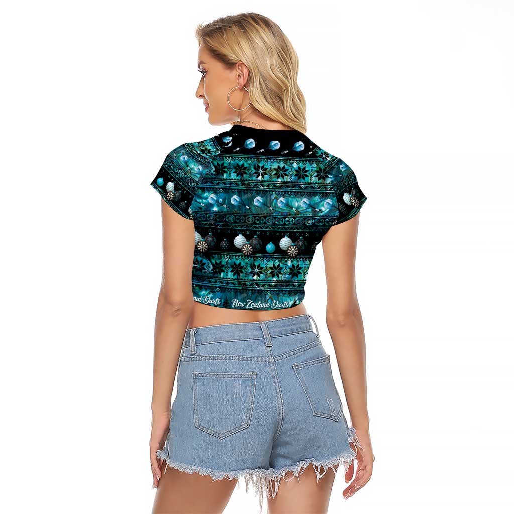 New Zealand Darts Christmas Raglan Cropped T Shirt Merry Xmas Aotearoa Maori Paua Shell - Polynesian Pride