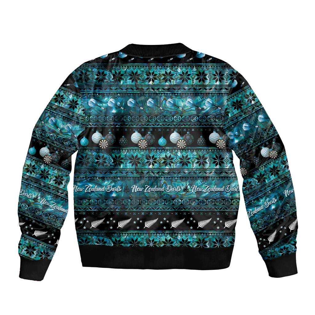 New Zealand Darts Christmas Sleeve Zip Bomber Jacket Merry Xmas Aotearoa Maori Paua Shell - Polynesian Pride