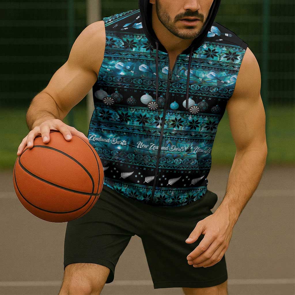 New Zealand Darts Christmas Sleeveless Zip Hoodie Merry Xmas Aotearoa Maori Paua Shell - Polynesian Pride