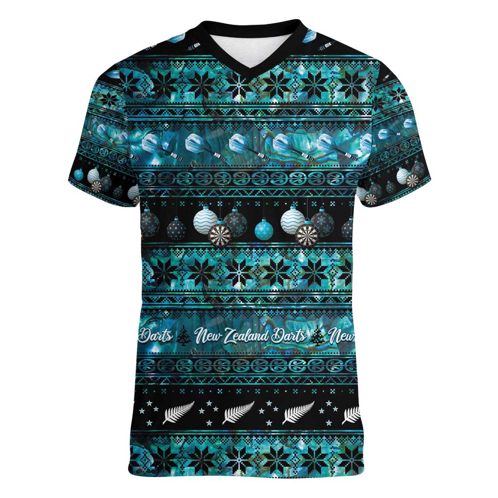 New Zealand Darts Christmas Women V-Neck T-Shirt Merry Xmas Aotearoa Maori Paua Shell LT14 Female Cyan - Polynesian Pride